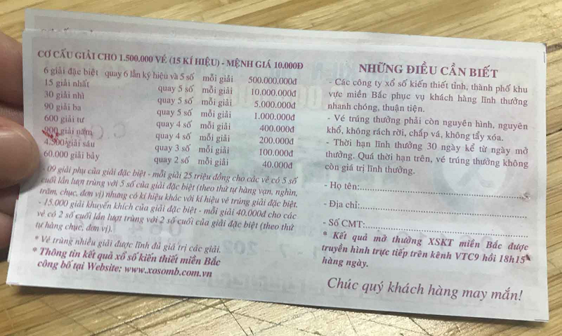 Cơ cấu giải thưởng vé số kiến thiết miền Bắc